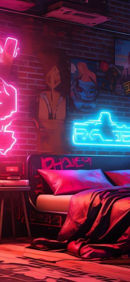 neon, bed, room, cyberpunk Wallpaper 828x1792
