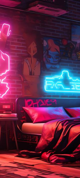 neon, bed, room, cyberpunk Wallpaper 1080x2400