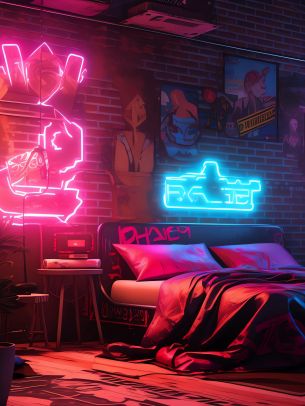 neon, bed, room, cyberpunk Wallpaper 2048x2732