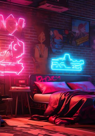 neon, bed, room, cyberpunk Wallpaper 1640x2360