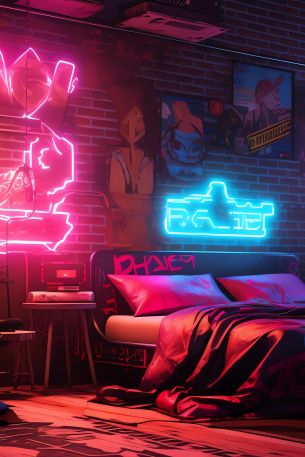 neon, bed, room, cyberpunk Wallpaper 640x960