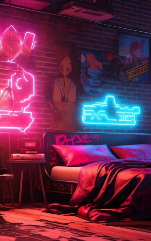 neon, bed, room, cyberpunk Wallpaper 1752x2800