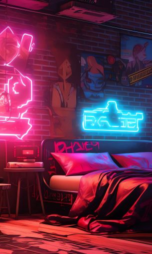 neon, bed, room, cyberpunk Wallpaper 1200x2000
