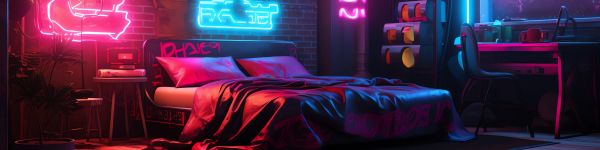 neon, bed, room, cyberpunk Wallpaper 1590x400
