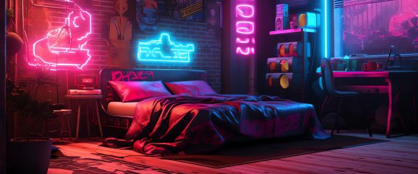 neon, bed, room, cyberpunk Wallpaper 3440x1440