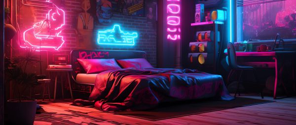 neon, bed, room, cyberpunk Wallpaper 2560x1080