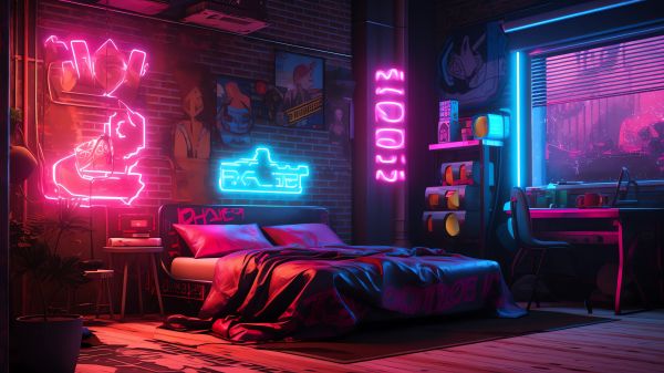 neon, bed, room, cyberpunk Wallpaper 1600x900