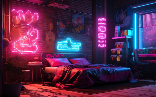 neon, bed, room, cyberpunk Wallpaper 1920x1200