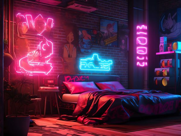neon, bed, room, cyberpunk Wallpaper 1024x768