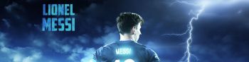 Lionel Messi, soccer player, FC Barcelona, blue Wallpaper 1590x400