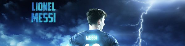 Lionel Messi, soccer player, FC Barcelona, blue Wallpaper 1590x400