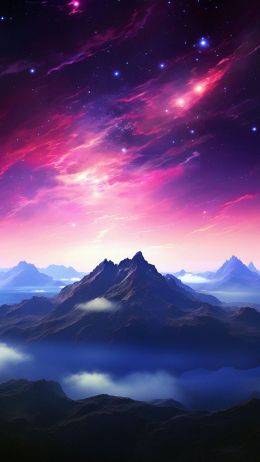 mountain, starry sky, purple Wallpaper 750x1334