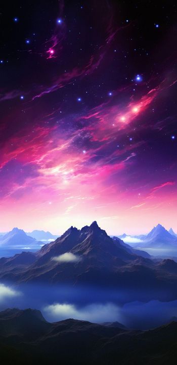 Обои 1080x2220 гора, звездное небо, фиолетовый