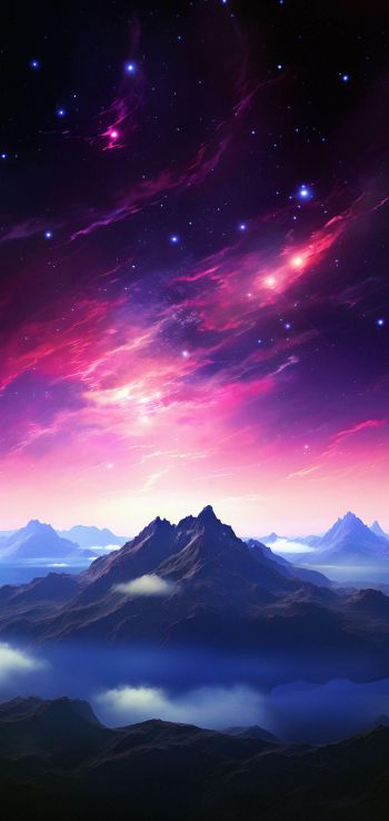 mountain, starry sky, purple Wallpaper 1440x3040
