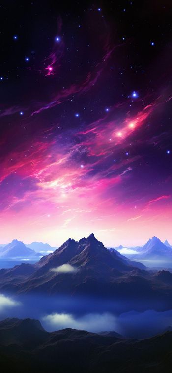 Обои 1170x2532 гора, звездное небо, фиолетовый