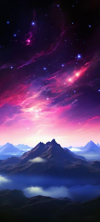 mountain, starry sky, purple Wallpaper 1440x3200