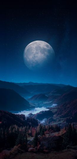 Обои 1080x2220 луна, синий, ночь, пейзаж