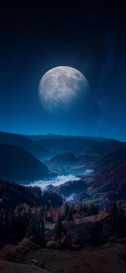 Обои 1125x2436 луна, синий, ночь, пейзаж