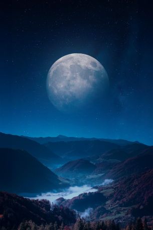 Обои 640x960 луна, синий, ночь, пейзаж