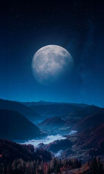 Обои 1200x2000 луна, синий, ночь, пейзаж