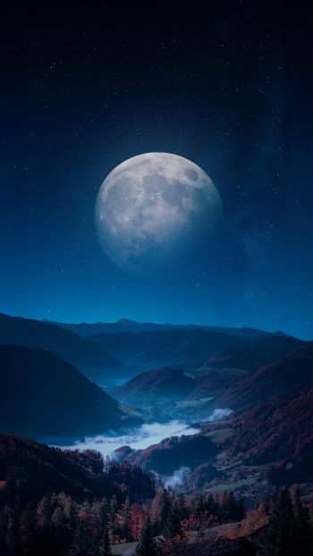 Обои 1080x1920 луна, синий, ночь, пейзаж