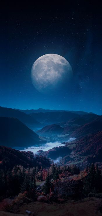 Обои 1440x3040 луна, синий, ночь, пейзаж