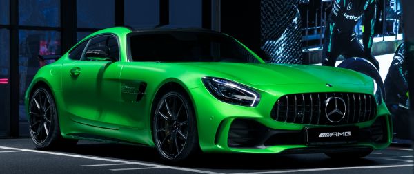 Mercedes, sports car, green Wallpaper 2560x1080