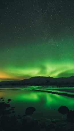 northern lights, landscape, green Wallpaper 1440x2560