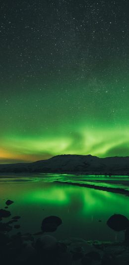 northern lights, landscape, green Wallpaper 1440x2960