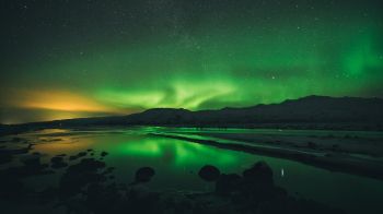 northern lights, landscape, green Wallpaper 1366x768