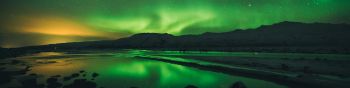 northern lights, landscape, green Wallpaper 1590x400