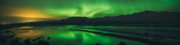 northern lights, landscape, green Wallpaper 1590x400