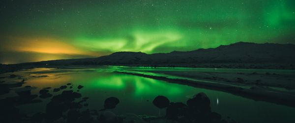 northern lights, landscape, green Wallpaper 3440x1440