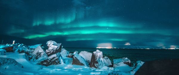 northern lights, night, blue Wallpaper 2560x1080