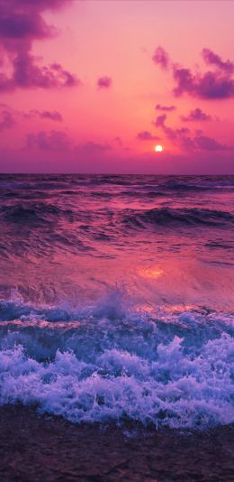 sea, waves, pink sky Wallpaper 1080x2220