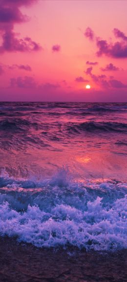 sea, waves, pink sky Wallpaper 1440x3200