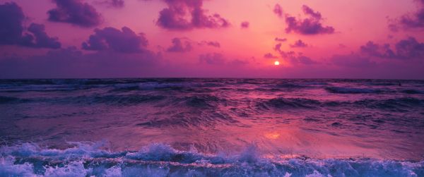 sea, waves, pink sky Wallpaper 3440x1440