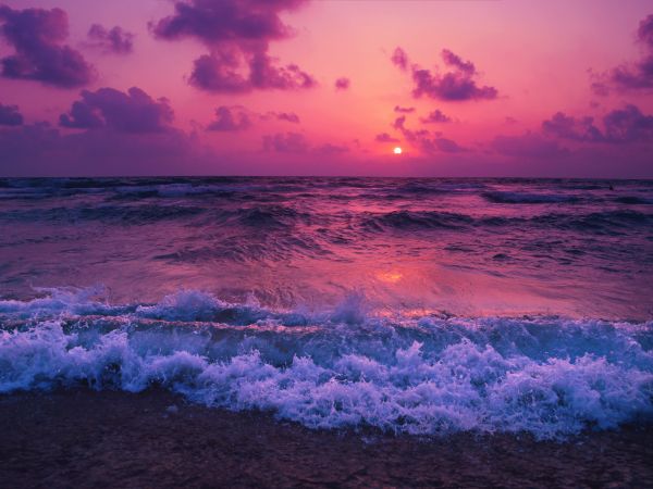 sea, waves, pink sky Wallpaper 1024x768