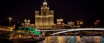 Обои 3440x1440 Москва, река, Сталинская высотка