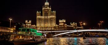 Обои 2560x1080 Москва, река, Сталинская высотка